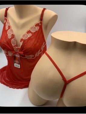 Red Lace Babydoll Lingerie Set Gold Swirl w/ Thong NWT Sealed One Size 2 4 12